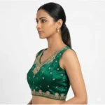 Women's Silk Embroidered V-Neck Sleeveless Readymade Padded Blouse (Green, Size 38) - Image 3