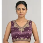 Women's Silk Embroidered V-Neck Sleeveless Readymade Padded Blouse (Purple, Size 38)