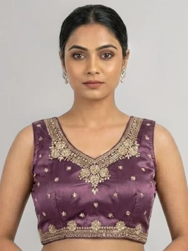 Women's Silk Embroidered V-Neck Sleeveless Readymade Padded Blouse (Purple, Size 38)