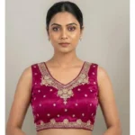 Women's Silk Embroidered V-Neck Sleeveless Readymade Padded Blouse (Pink, Size 38)
