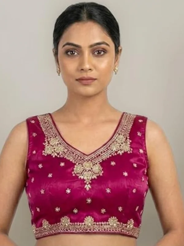 Women's Silk Embroidered V-Neck Sleeveless Readymade Padded Blouse (Pink, Size 38)