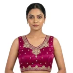 Women's Silk Embroidered V-Neck Sleeveless Readymade Padded Blouse (Pink, Size 38) - Image 6