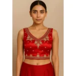 Women's Silk Embroidered V-Neck Sleeveless Readymade Padded Blouse (Red, Size 38)