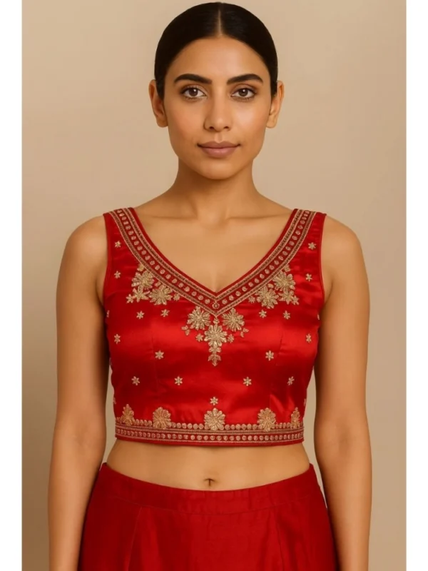 Women's Silk Embroidered V-Neck Sleeveless Readymade Padded Blouse (Red, Size 38)