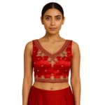 Women's Silk Embroidered V-Neck Sleeveless Readymade Padded Blouse (Red, Size 38) - Image 3