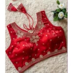 Women's Silk Embroidered V-Neck Sleeveless Readymade Padded Blouse (Red, Size 38) - Image 2
