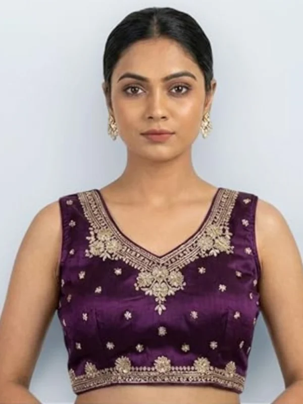 Women's Silk Embroidered V-Neck Sleeveless Readymade Padded Blouse (Wine, Size 38)