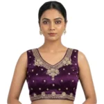 Women's Silk Embroidered V-Neck Sleeveless Readymade Padded Blouse (Wine, Size 38) - Image 6