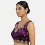Women's Silk Embroidered V-Neck Sleeveless Readymade Padded Blouse (Wine, Size 38) - Image 3