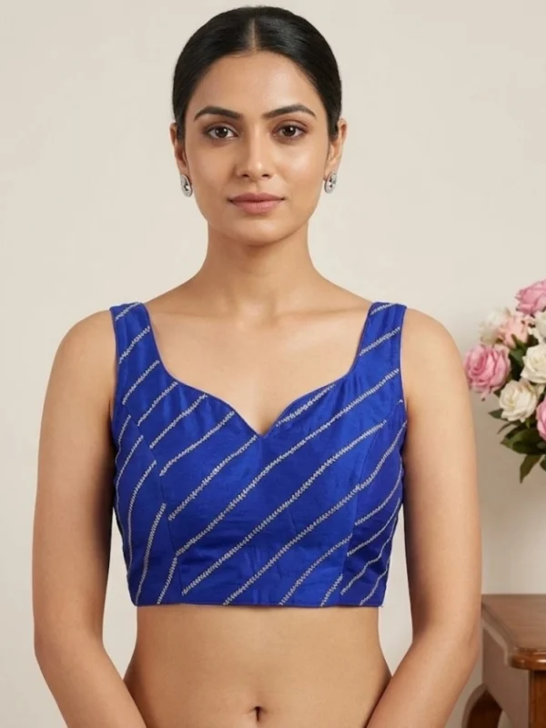 Women's Silk Embellished Sweetheart Neck Sleeveless Readymade Padded Blouse (Blue, Size 38)