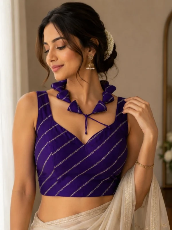 Women's Silk Embellished Sweetheart Neck Sleeveless Readymade Padded Blouse (Purple, Size 38)