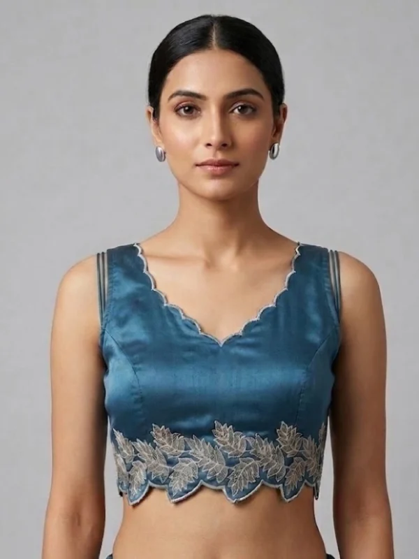 Women's Silk Embroidered Sweetheart Neck Sleeveless Readymade Padded Blouse (Blue, Size 38)
