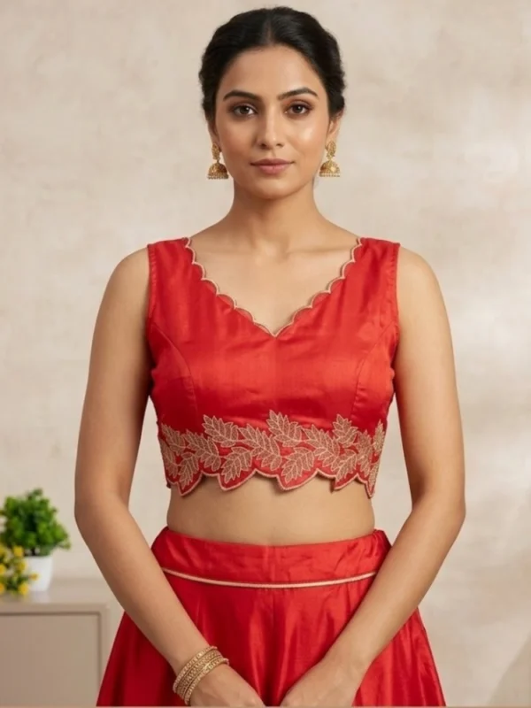 Women's Silk Embroidered Sweetheart Neck Sleeveless Readymade Padded Blouse (Red, Size 38)