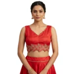 Women's Silk Embroidered Sweetheart Neck Sleeveless Readymade Padded Blouse (Red, Size 38) - Image 3