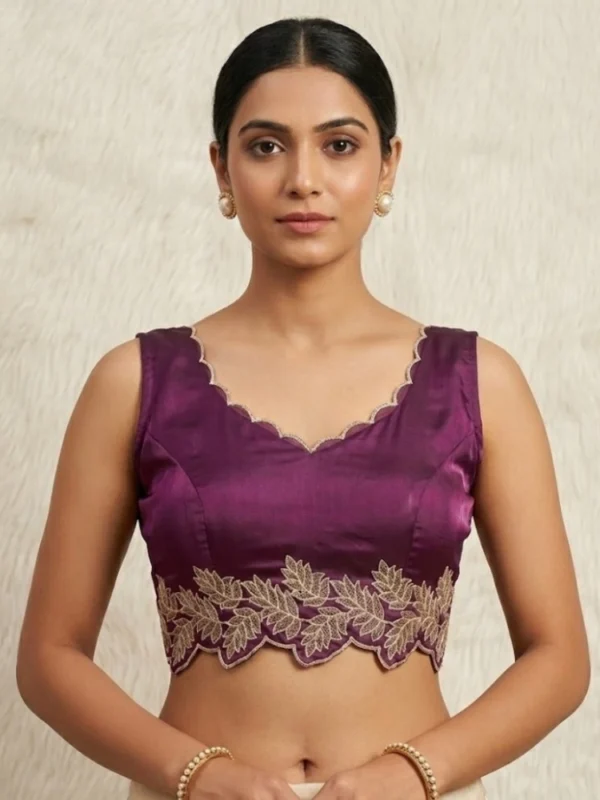 Women's Silk Embroidered Sweetheart Neck Sleeveless Readymade Padded Blouse (Wine, Size 38)