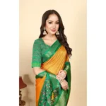 Women's Cotton Silk Printed Saree With Unstitched Blouse 5.5Mtr (Yellow Green) - Image 4