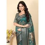 Women's Cotton Silk Printed Saree With Unstitched Blouse 5.5Mtr (Teal)