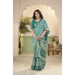 Women's Cotton Silk Floral Printed Saree With Unstitched Blouse 5.5Mtr (Teal) - Image 4
