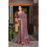 Women's Cotton Silk Floral Printed Saree With Unstitched Blouse 5.5Mtr (Maroon) - Image 3