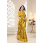 Women's Cotton Silk Floral Printed Saree With Unstitched Blouse 5.5Mtr (Yellow) - Image 3