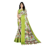 Women's Cotton Silk Floral Printed Saree With Unstitched Blouse 5.5Mtr (Green-White) - Image 3
