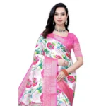 Women's Cotton Silk Floral Printed Saree With Unstitched Blouse 5.5Mtr (Pink-White)