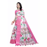 Women's Cotton Silk Floral Printed Saree With Unstitched Blouse 5.5Mtr (Pink-White) - Image 2