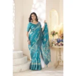 Women's Cotton Silk Printed Saree With Unstitched Blouse 5.5Mtr (Teal) - Image 5