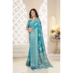 Women's Cotton Silk Printed Saree With Unstitched Blouse 5.5Mtr (Teal) - Image 4
