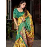 Women's Cotton Silk Floral Printed Saree With Unstitched Blouse 5.5Mtr (Yellow-Green)
