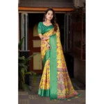 Women's Cotton Silk Floral Printed Saree With Unstitched Blouse 5.5Mtr (Yellow-Green) - Image 3