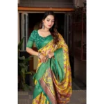 Women's Cotton Silk Floral Printed Saree With Unstitched Blouse 5.5Mtr (Yellow-Green) - Image 2