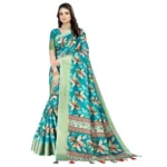 Women's Cotton Silk Floral Printed Saree With Unstitched Blouse 5.5Mtr (Turquoise) - Image 3