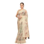 Women's Cotton Silk Floral Printed Saree With Unstitched Blouse 5.5Mtr (Cream) - Image 4