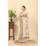 Women's Cotton Silk Floral Printed Saree With Unstitched Blouse 5.5Mtr (Cream) - Image 2