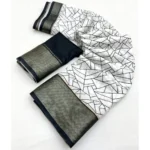 Women's Cotton Silk Printed Saree With Unstitched Blouse 5.5Mtr (White-Black) - Image 2