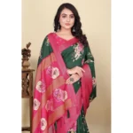 Women's Cotton Blend Floral Printed Saree With Unstitched Blouse 5.5Mtr (Green)