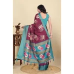 Women's Cotton Blend Floral Printed Saree With Unstitched Blouse 5.5Mtr (Maroon) - Image 3