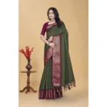 Women's Cotton Blend Checkered Saree With Unstitched Blouse 5.5Mtr (Green) - Image 5