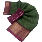 Women's Cotton Blend Checkered Saree With Unstitched Blouse 5.5Mtr (Green) - Image 2