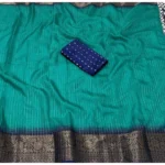 Women's Cotton Blend Checkered Saree With Unstitched Blouse 5.5Mtr (Teal Green) - Image 3