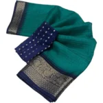 Women's Cotton Blend Checkered Saree With Unstitched Blouse 5.5Mtr (Teal Green) - Image 2
